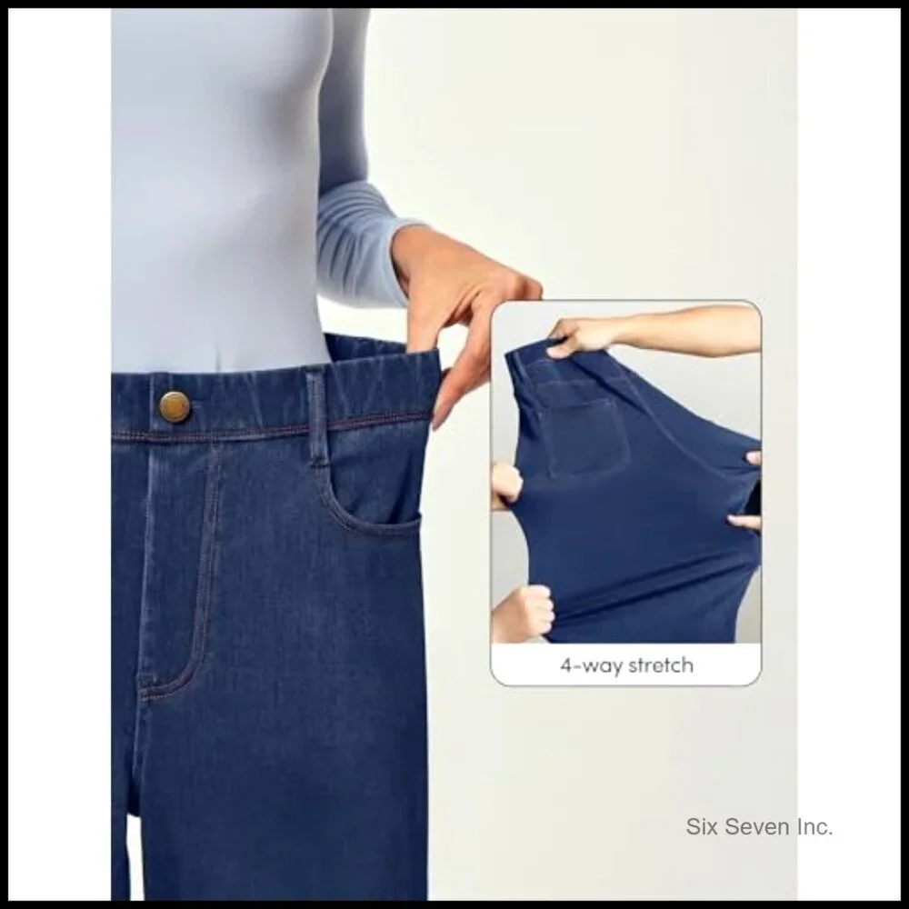 Wide Leg Pull On Jeans High Waisted Stretchy Denim Casual Baggy Straight Fit